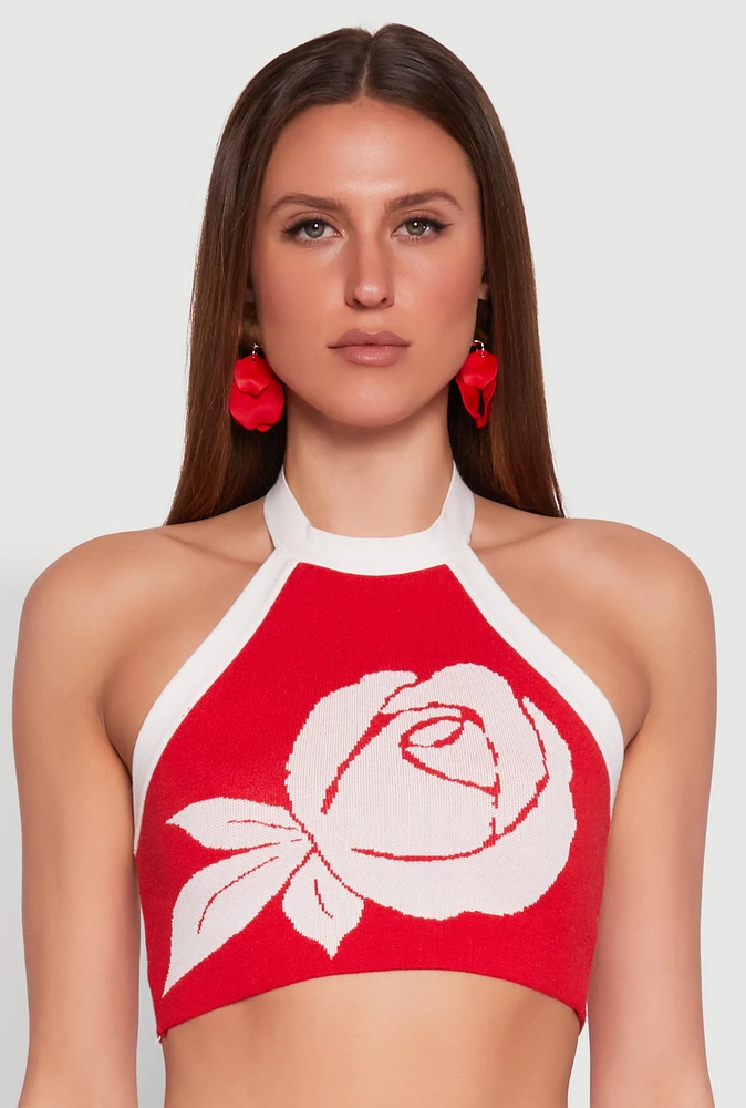 Womens Contrast Trim Floral Print Crop Top, Red, Size XL