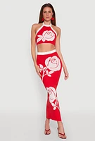 Womens Contrast Trim Floral Print Crop Top, Red, Size XL