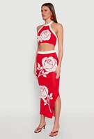 Womens Contrast Trim Floral Print Crop Top, Red, Size L