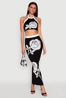 Womens Contrast Trim Floral Print Maxi Skirt, Black, Size S