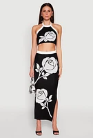 Womens Contrast Trim Floral Print Maxi Skirt, Black, Size S
