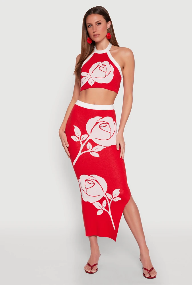Womens Contrast Trim Floral Print Maxi Skirt, Red, Size L