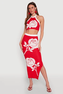 Womens Contrast Trim Floral Print Maxi Skirt, Red, Size L