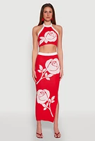 Womens Contrast Trim Floral Print Maxi Skirt, Red, Size L