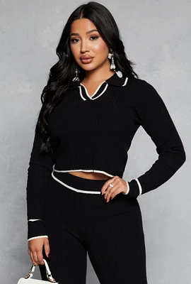 Womens Ribbed Knit Contrast Trim Crop Top, Black, Size S