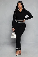 Womens Ribbed Knit Contrast Trim Crop Top, Black, Size S