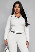 Womens Ribbed Knit Contrast Trim Crop Top, White, Size M