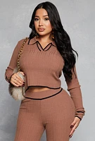 Womens Ribbed Knit Contrast Trim Crop Top, Brown, Size M