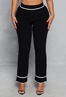 Womens Ribbed Knit Contrast Trim Straight Leg Pants,