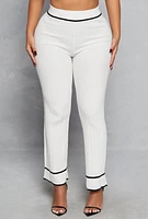 Womens Ribbed Knit Contrast Trim Straight Leg Pants, White, Size M