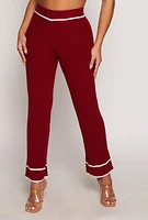 Womens Ribbed Knit Contrast Trim Straight Leg Pants, Red, Size M