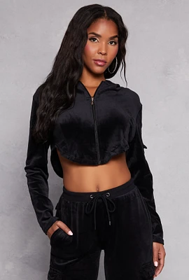 Womens Velour Rounded Hem Cropped Hoodie,