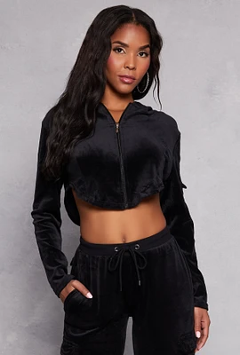 Womens Velour Rounded Hem Cropped Hoodie, Black,