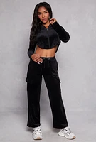 Womens Velour Rounded Hem Cropped Hoodie, Black,