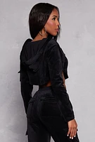 Womens Velour Rounded Hem Cropped Hoodie, Black,