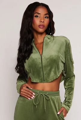 Womens Velour Rounded Hem Cropped Hoodie, Green,