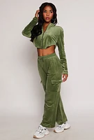 Womens Velour Rounded Hem Cropped Hoodie, Green,