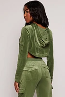 Womens Velour Rounded Hem Cropped Hoodie, Green, Size S