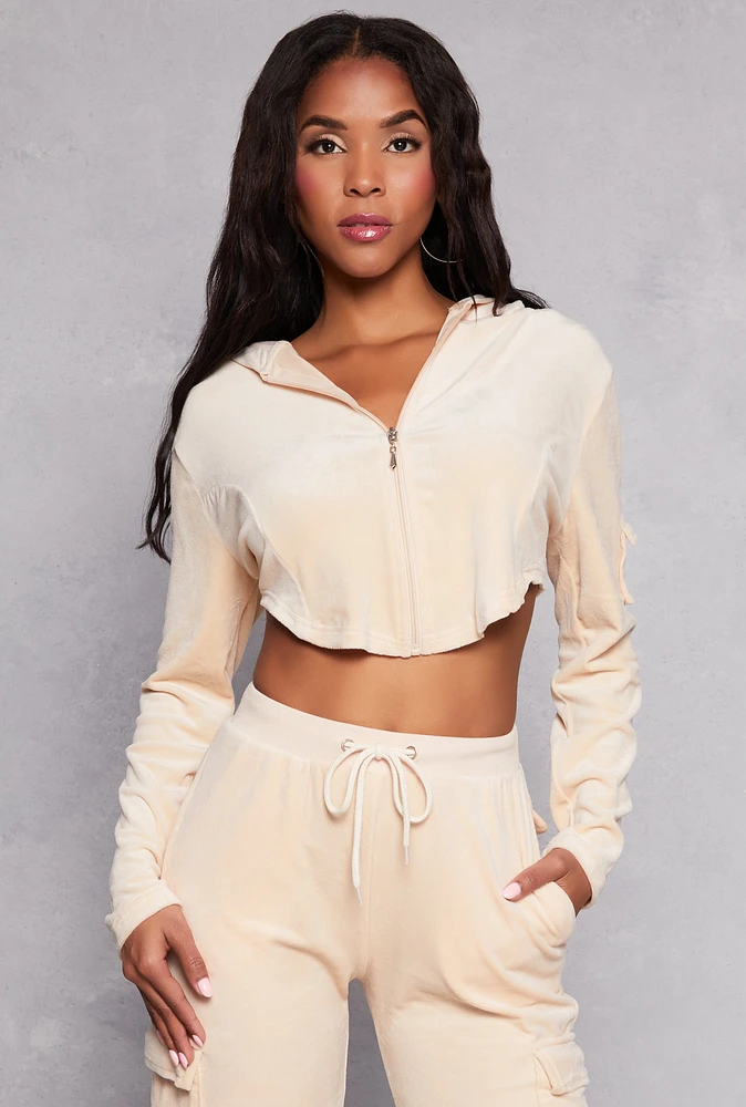 Womens Velour Rounded Hem Cropped Hoodie, Beige, Size M