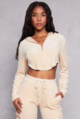 Womens Velour Rounded Hem Cropped Hoodie, Beige, Size M