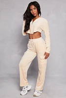 Womens Velour Rounded Hem Cropped Hoodie, Beige, Size M