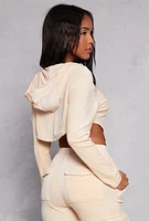 Womens Velour Rounded Hem Cropped Hoodie, Beige, Size M