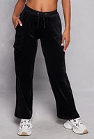 Womens Velour Straight Leg Cargo Sweatpants, Black, Size M