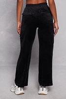 Womens Velour Straight Leg Cargo Sweatpants, Black, Size M