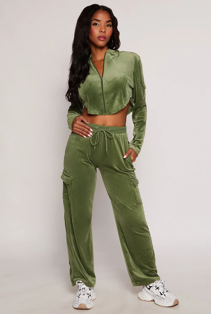 Womens Velour Straight Leg Cargo Sweatpants,