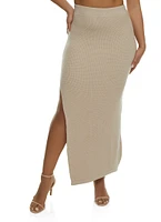 Womens Knit Side Slit Maxi Skirt, Khaki,