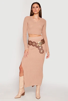 Womens Knit Side Slit Maxi Skirt, Khaki,