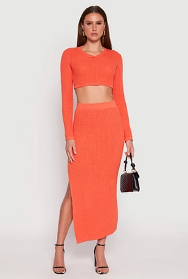 Womens Knit Side Slit Maxi Skirt, Orange, Size M