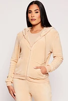 Womens Velour Zip Front Hooded Top, Beige, Size L