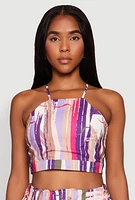 Womens Abstract Brush Stroke Print Crop Top, Multi, Size L