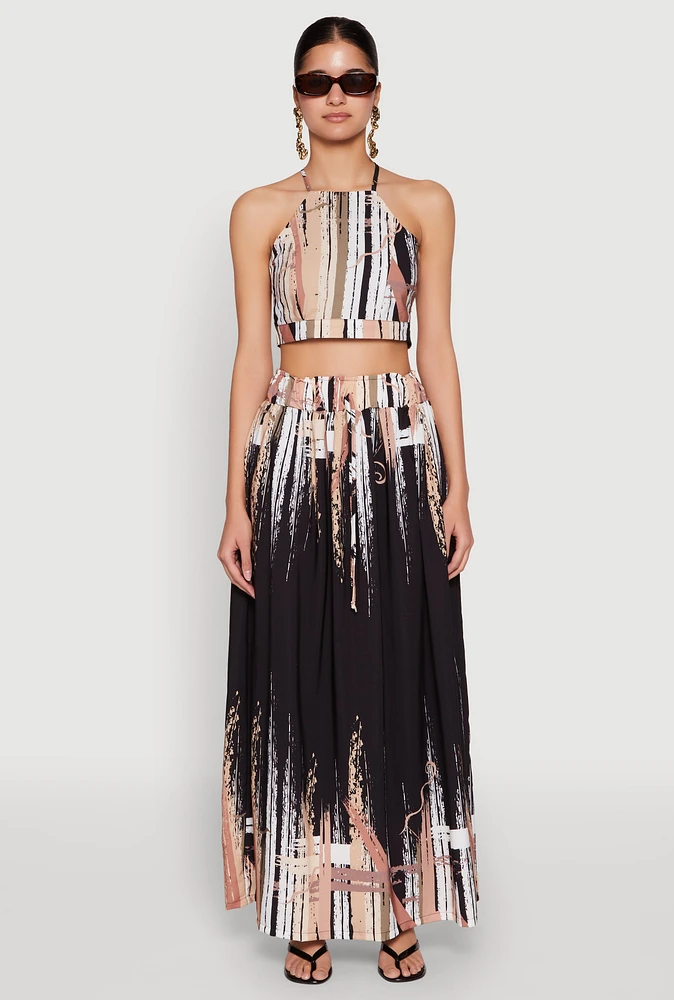 Womens Abstract Brush Stroke Print Maxi Skirt, Multi, Size L