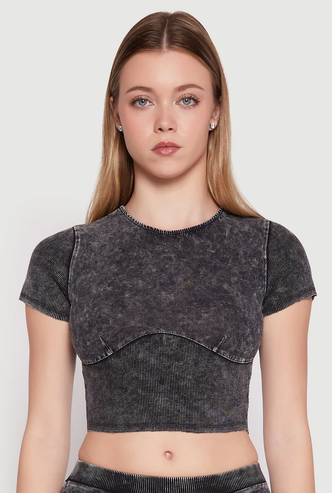 Womens Acid Wash Corset Detail Crop Top,