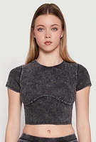 Womens Acid Wash Corset Detail Crop Top, Grey,