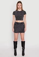 Womens Acid Wash Corset Detail Crop Top, Grey,