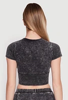 Womens Acid Wash Corset Detail Crop Top, Grey,
