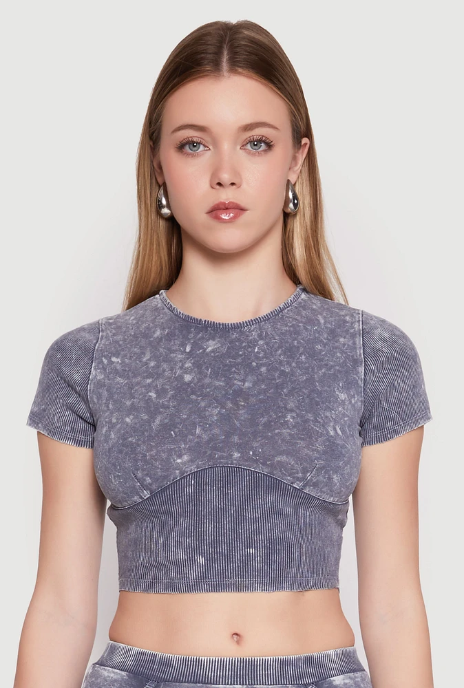 Womens Acid Wash Corset Detail Crop Top, Grey,
