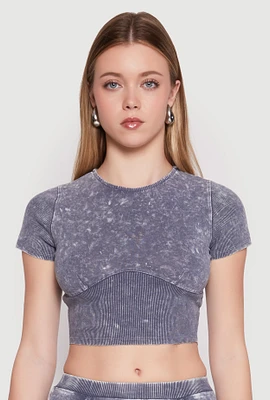 Womens Acid Wash Corset Detail Crop Top, Grey,