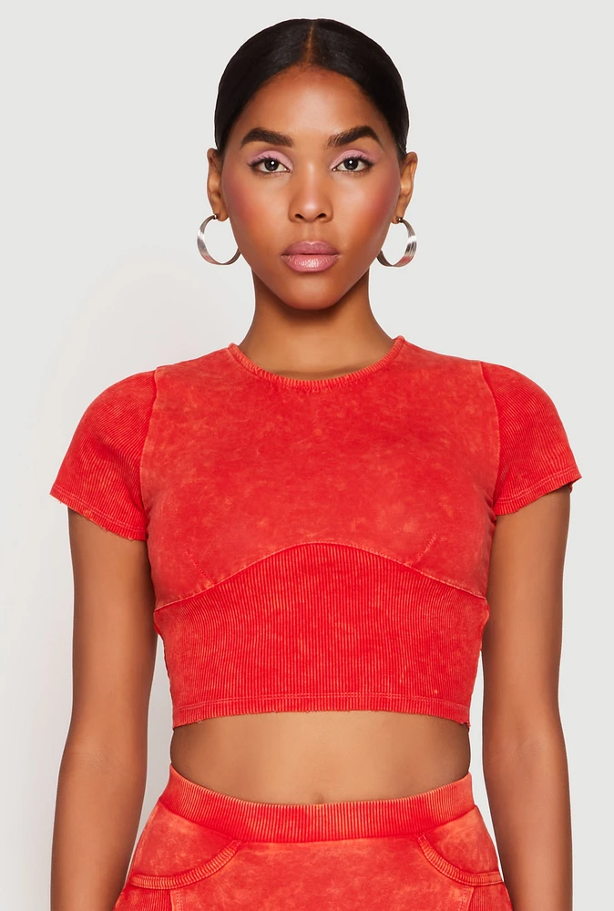 Womens Acid Wash Corset Detail Crop Top, Red,