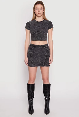 Womens Ribbed Knit Acid Wash Mini Skirt, Grey,