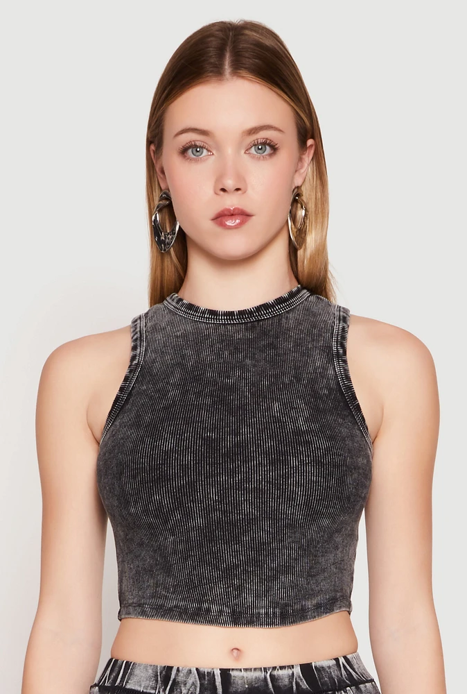 Womens Ribbed Knit Acid Wash Cropped Tank Top, Grey, Size L