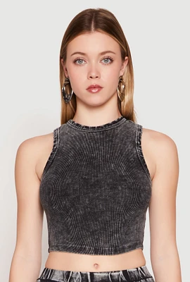 Womens Ribbed Knit Acid Wash Cropped Tank Top, Grey, Size L