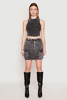 Womens Ribbed Knit Acid Wash Cropped Tank Top, Grey, Size L