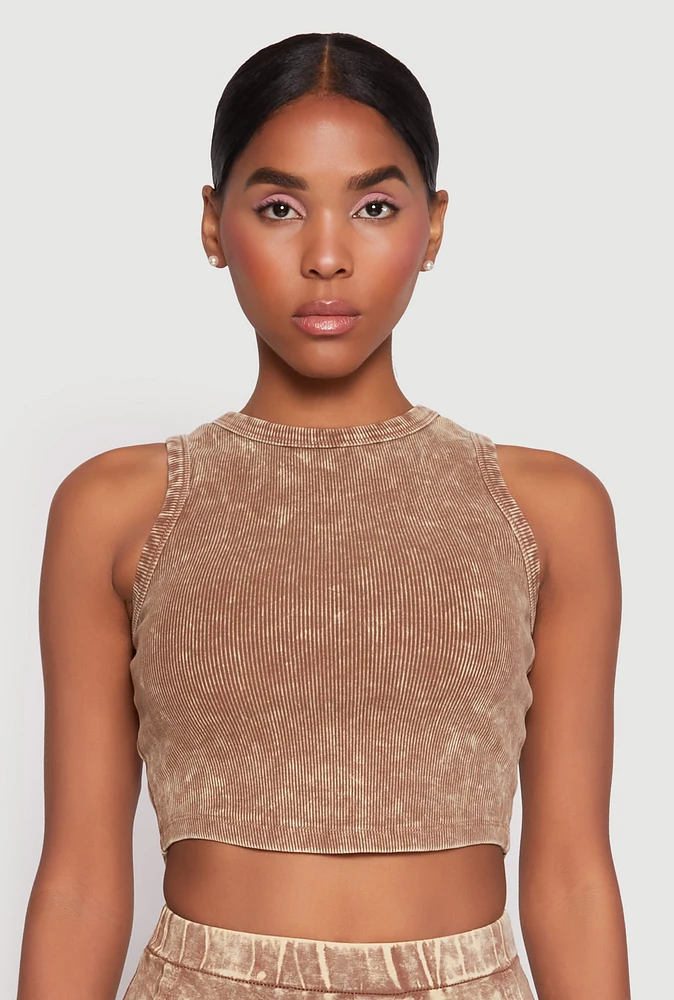 Womens Ribbed Knit Acid Wash Cropped Tank Top, Brown, Size L
