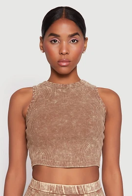 Womens Ribbed Knit Acid Wash Cropped Tank Top, Brown, Size L