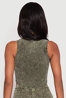 Womens Ribbed Knit Acid Wash Cropped Tank Top, Green,