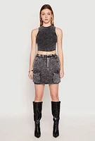 Womens Acid Wash Cargo Pocket Mini Skirt,